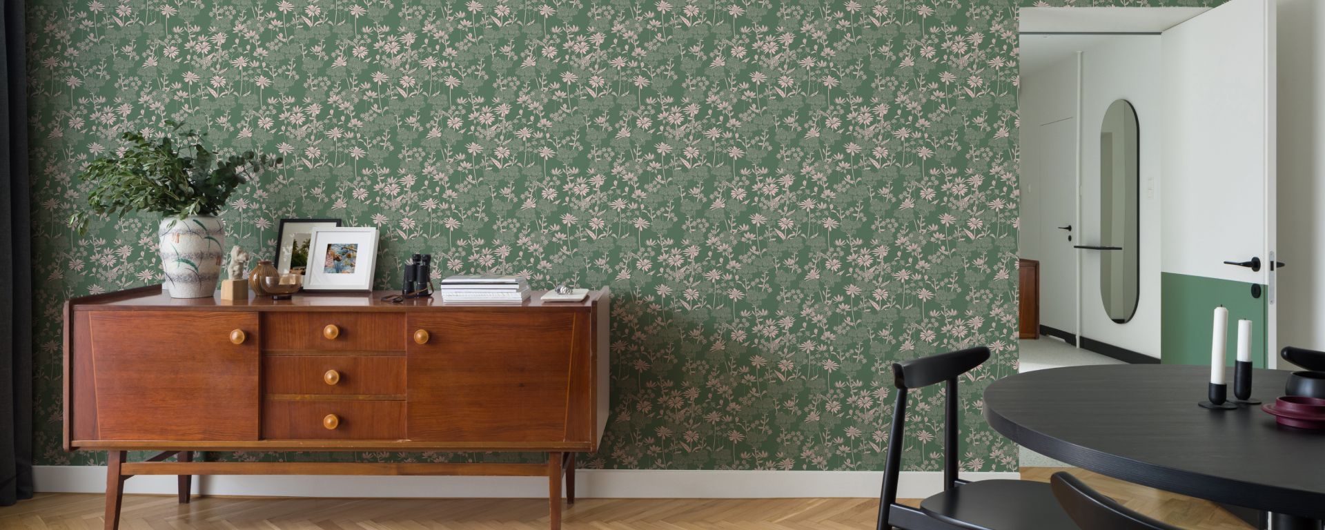 In Bloom Collection - London Street Flowers Wallpaper - Colorway: Olive