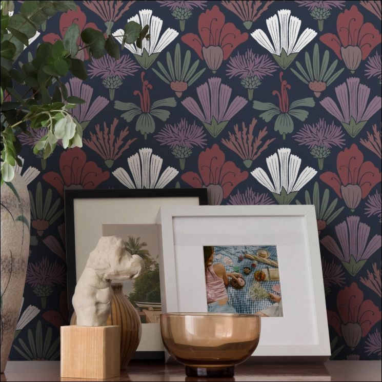 Fanned Flowers Wallpaper - Colorway: Midnight - by Wallpaper Republic - In The Bloom Collection - Insitu