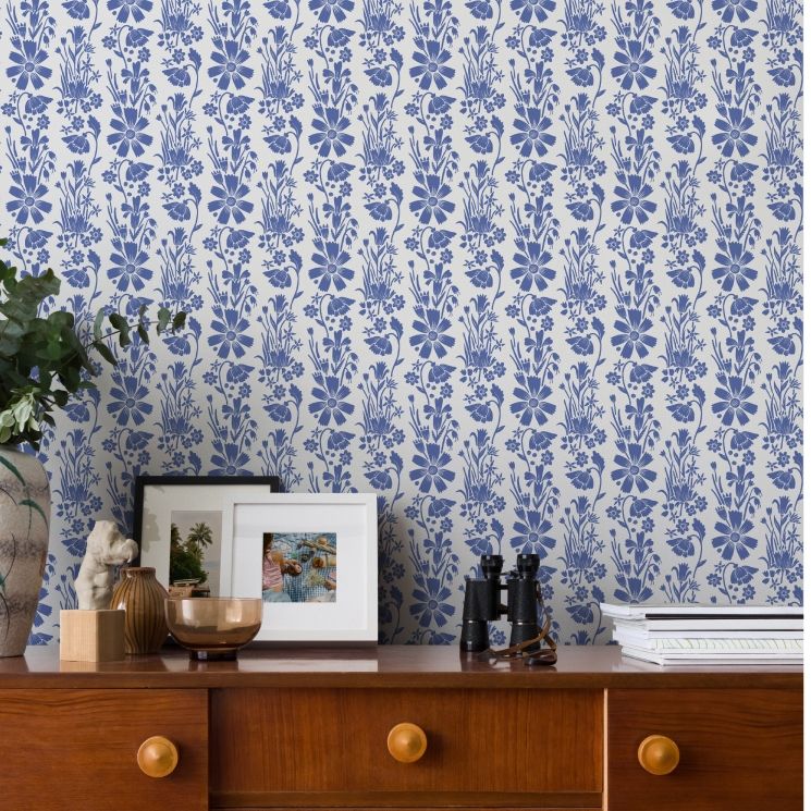 Corsage Wallpaper - Colorway: Cornflower Blue - by Wallpaper Republic - In The Bloom Collection - Insitu