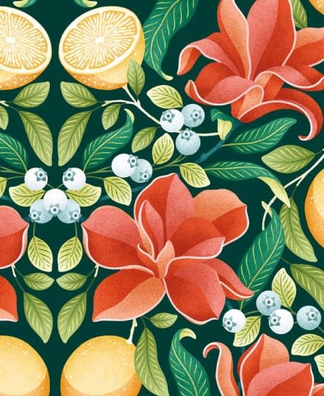 Lemons and Magnolia Wallpaper - Colorway : Scarlet and Forest Green