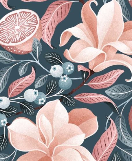 Lemons and Magnolia Wallpaper - Colorway : Slate Blue and Peach