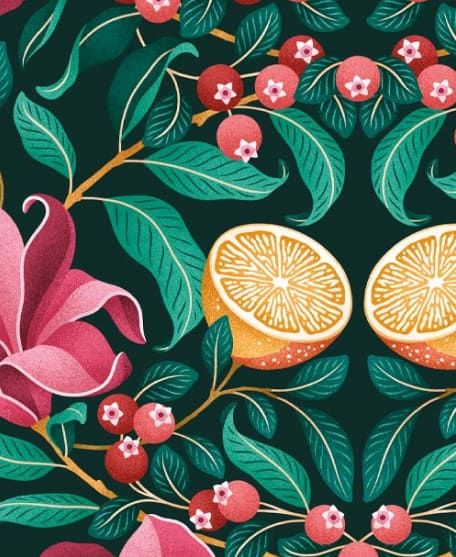 Lemons and Magnolia Wallpaper - Colorway : Ruby and Emerald