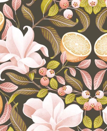 Lemons and Magnolia Wallpaper - Colorway : Juniper and Dusty Pink