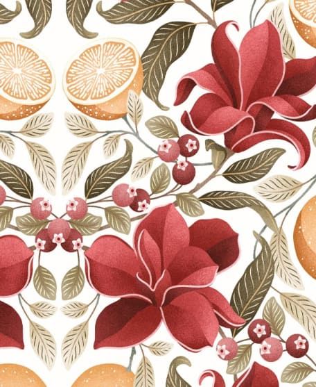 Lemons and Magnolia Wallpaper - Colorway : Crimson and Olive