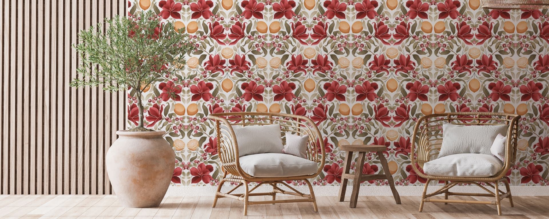 Lemons and Magnolia Wallpaper - by Wallpaper Republic - Colorway: Crimson and Olive - Hero Image - Insitu