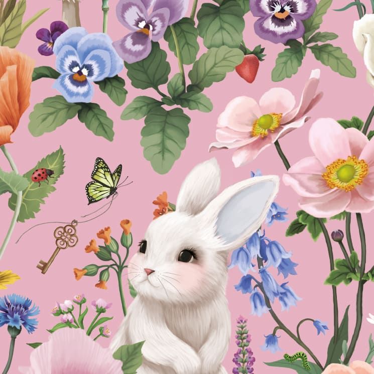 Enchanted Gardens Collection - Gallery - Lookbook - Garden of Bunnies Wallpaper - Colorway: Pink Bloom - Swatch