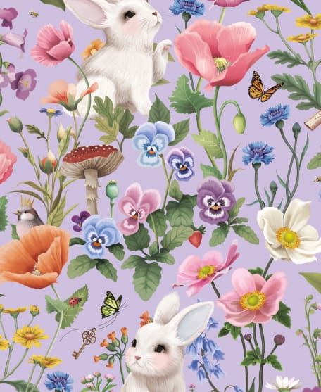 Garden of Bunnies Wallpaper - Enchanted Gardens Collection by Fleur Harris - Lookbook - Colorway: Lilac