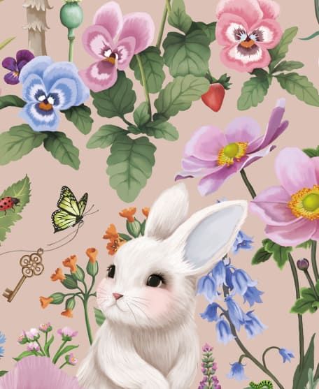 Garden of Bunnies Wallpaper - Enchanted Gardens Collection by Fleur Harris - Lookbook - Colorway: Autumn Taupe