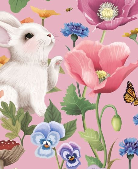 Garden of Bunnies Wallpaper - Enchanted Gardens Collection by Fleur Harris - Lookbook - Colorway: Pink Bloom