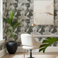 Water Birds Wallpaper - Bethany Linz - My Sydney Collection - Colourway: Charcoal - Insitu