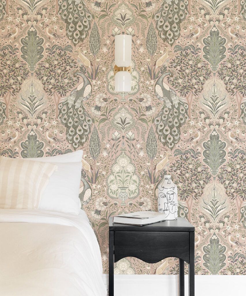 Peacock Garden Wallpaper - Palace Grove Collection - M&K Studio - Insitu - Colorway: Antique Rose