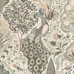 Peacock Garden Wallpaper - Palace Grove Collection - M&K Studio - Swatch - Colorway: Linen