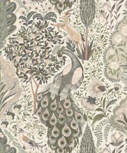 Peacock Garden Wallpaper - Palace Grove Collection - M&K Studio - Swatch - Colorway: Linen