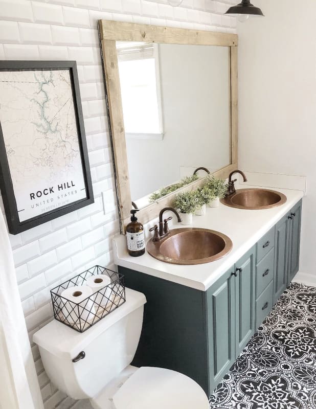 Subway Tiles wallpaper, modern and clean bathroom with patterned floors