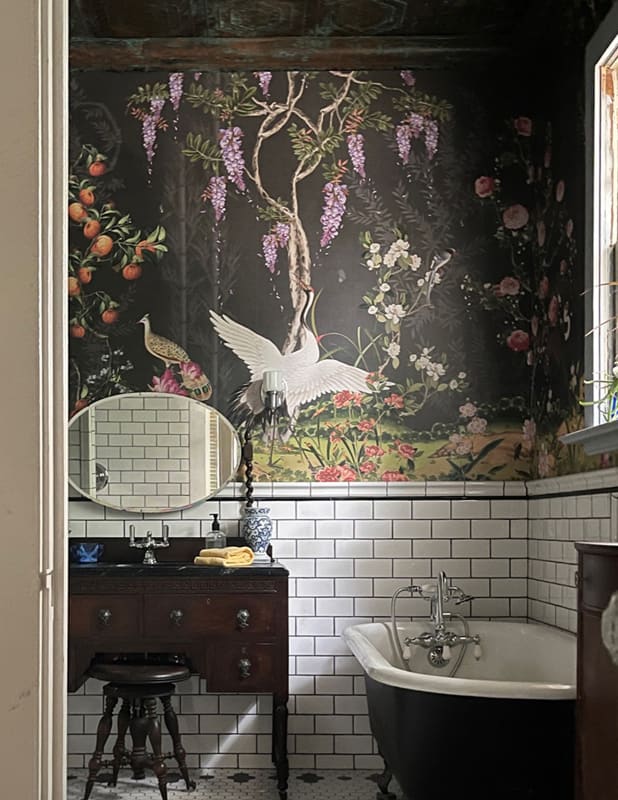 Oriental Garden Mural, and a classic bathroom with subway tile