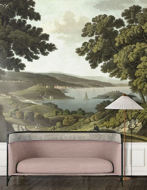 English Landscape Mural in a modern bight living room