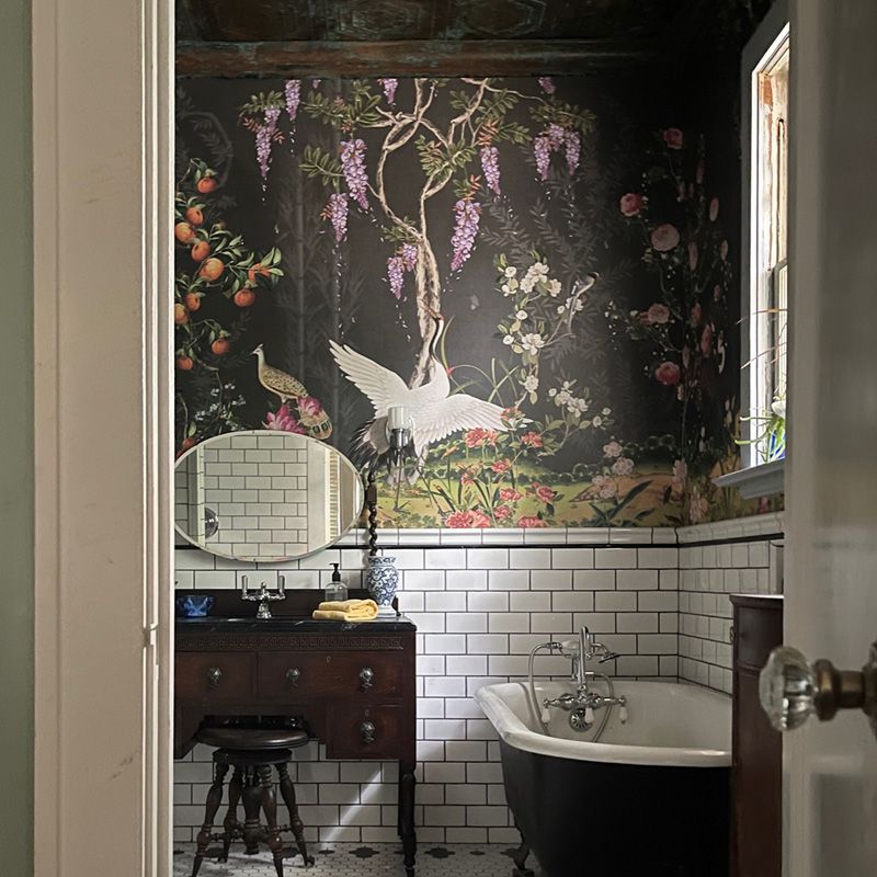 Oriental Landscape Mural on a Half Wall in the bathroom