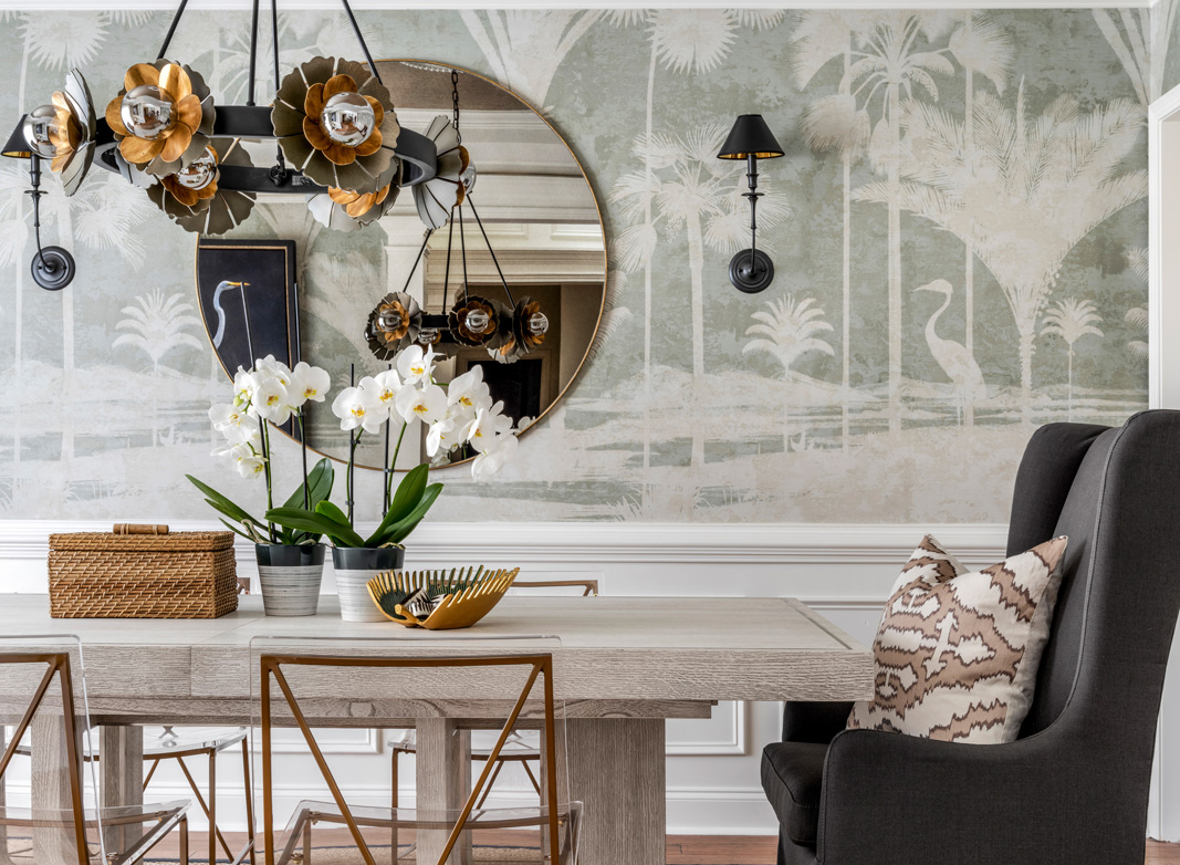 Shadow Palms Mural on a half wall with paneling, room styled by Erika Ward