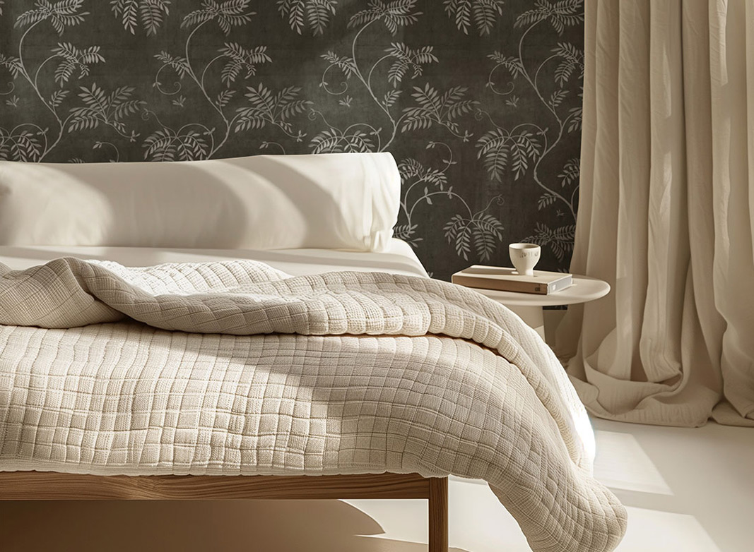 Wisteria Vine Wallpaper in Charcoal by Bethany Linz in a neutral bedroom