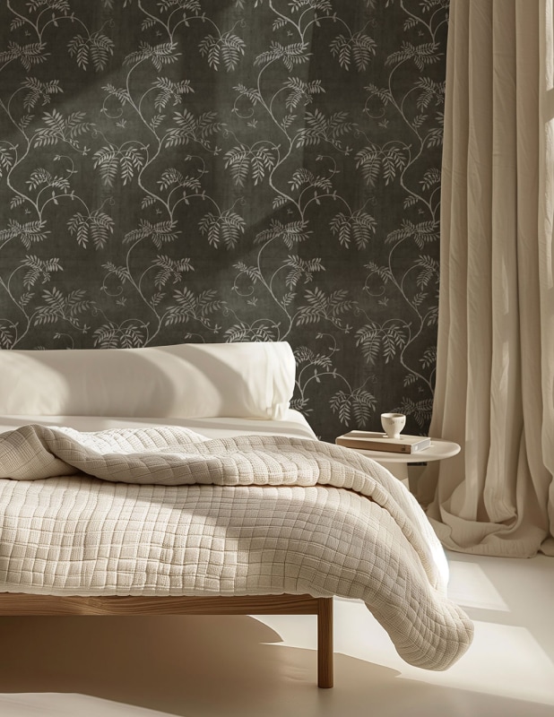 scandi bedroom with wisteria vine wallpaper