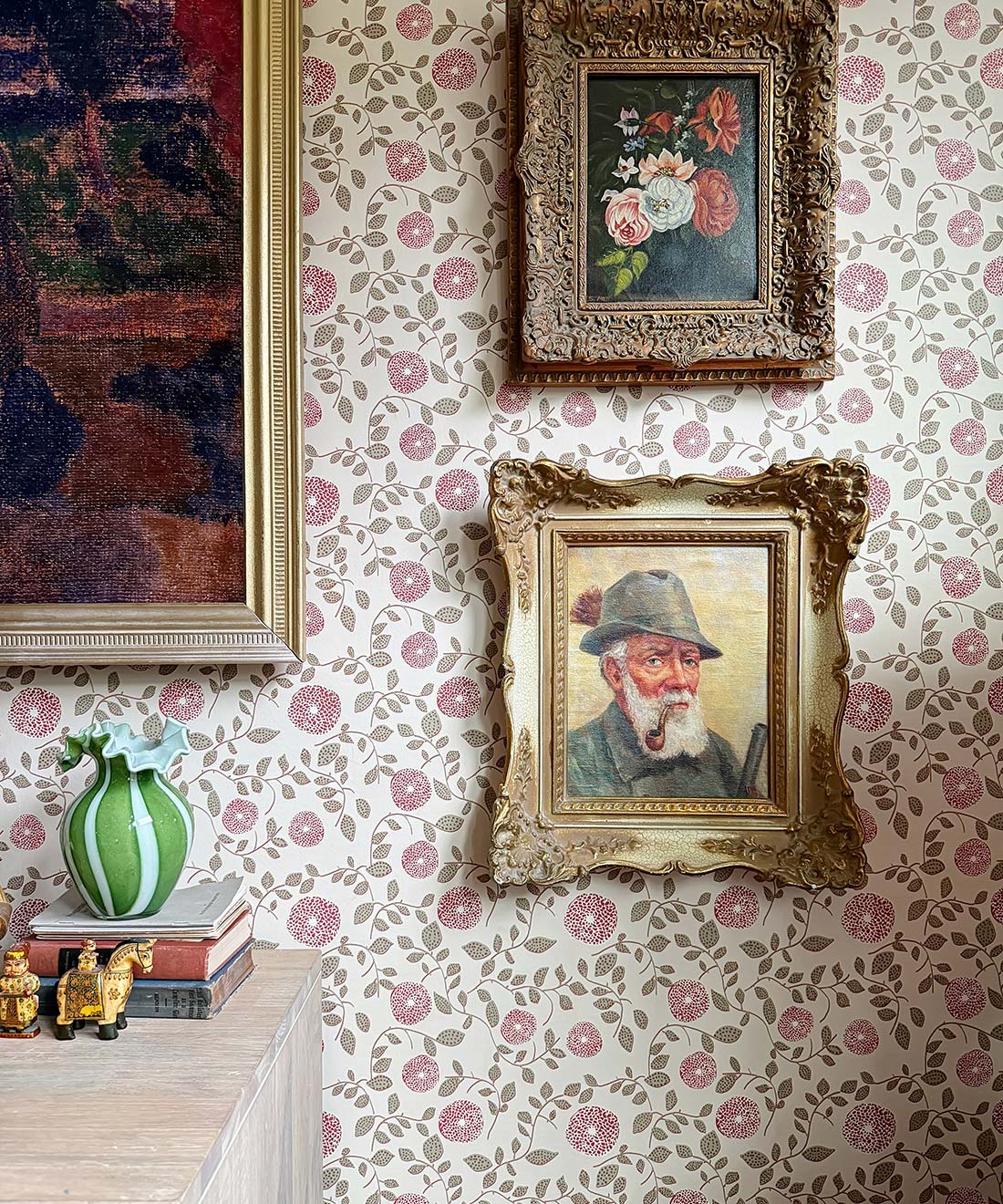 Mary Lennox Wallpaper | Colourway: Olive & Red | Anything But Basic Collection | Gray Benko x Milton&King | Insitu