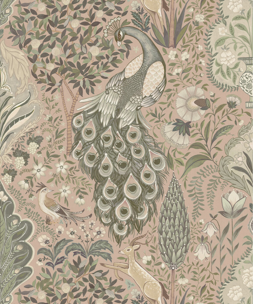 Peacock Garden Decorative Textile Wallpaper - Colorway: Antique Rose - Woven Light Collection - Decorative Textile Wallcoverings
