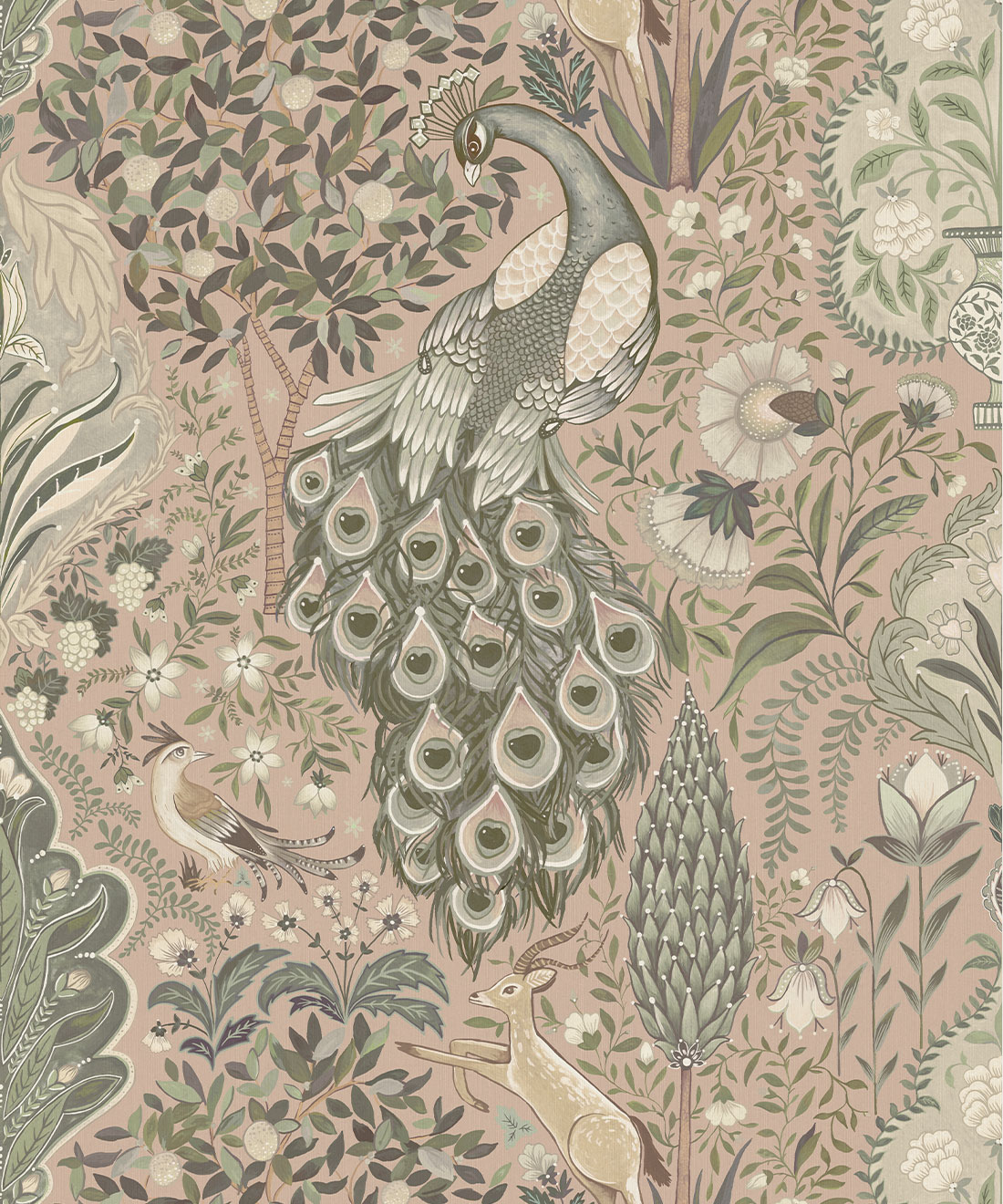 Peacock Garden Decorative Textile Wallpaper - Colorway: Antique Rose - Woven Light Collection - Decorative Textile Wallcoverings