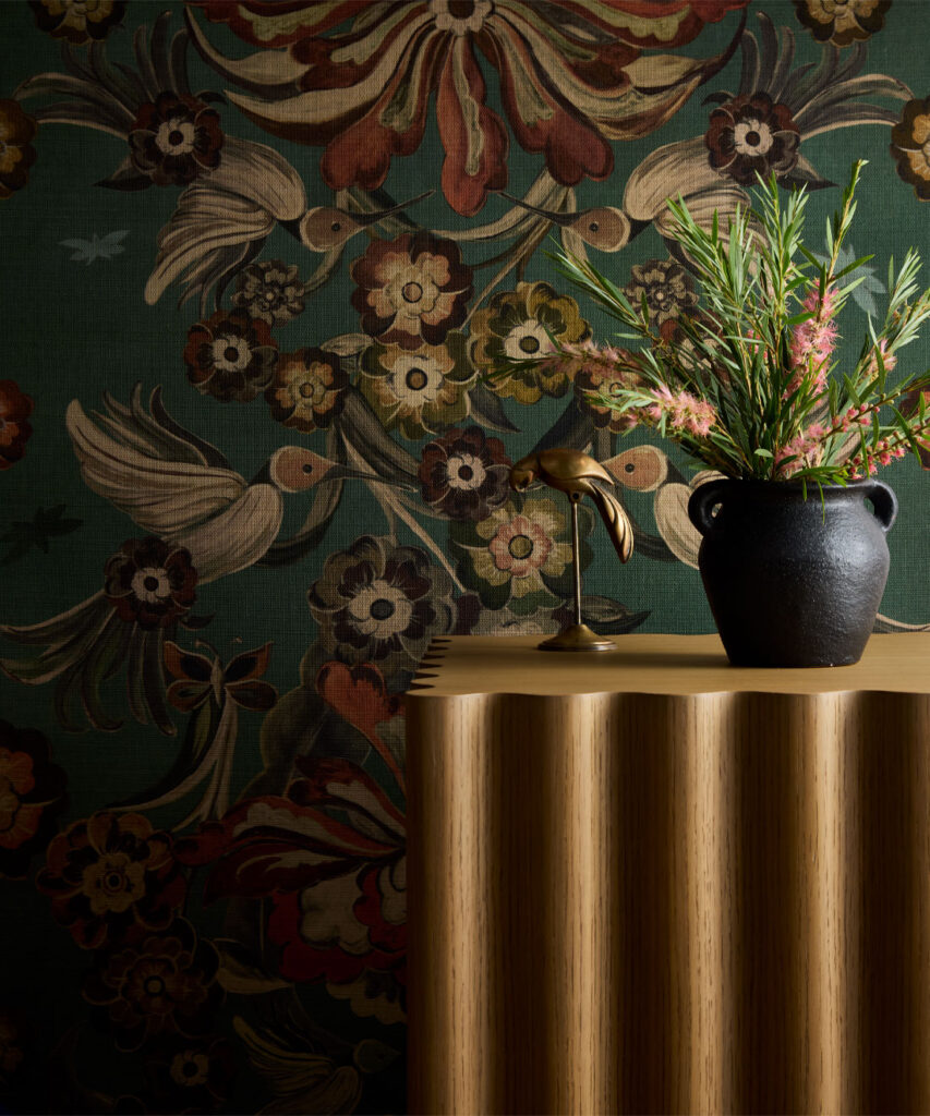 Hummingbird Garden Grasscloth Wallpaper - Colorway: Teal - Rich Traditions Collection - Insitu