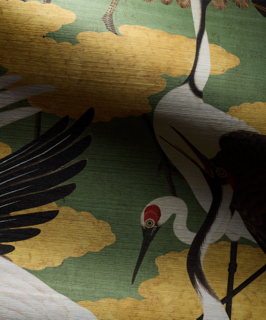 Cranes Grasscloth Wallpaper - Colorway: Midori - Rich Traditions Collection - Swatch