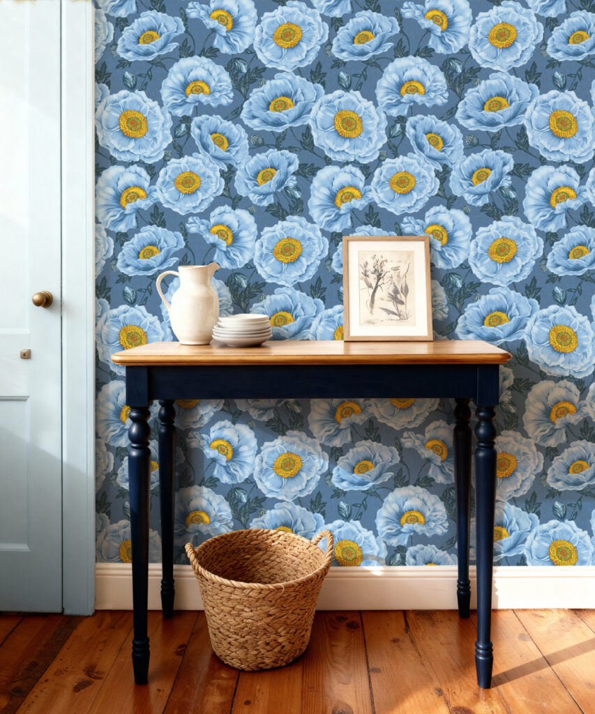 Magic Garden Collection by Kingdom Home - Papaver Wallpaper - Colourway: Chalk Indigo- Insitu