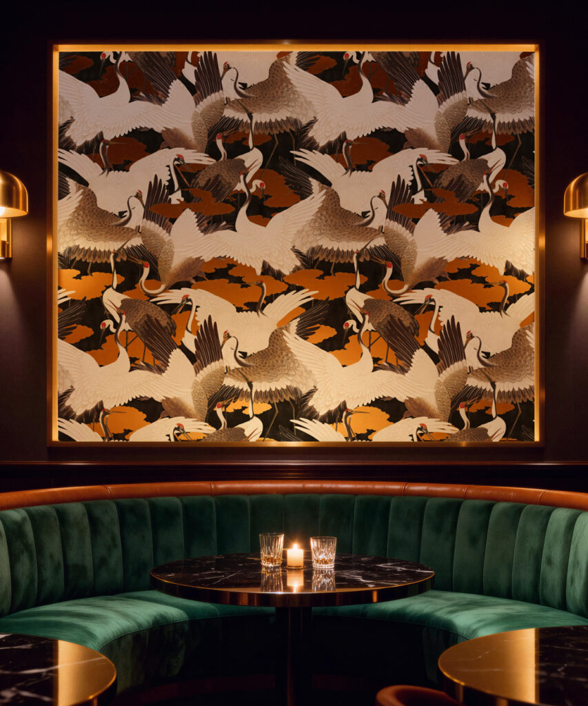 Cranes Metallic Wallpaper - Colourway: Yuri (Gold) - Insitu