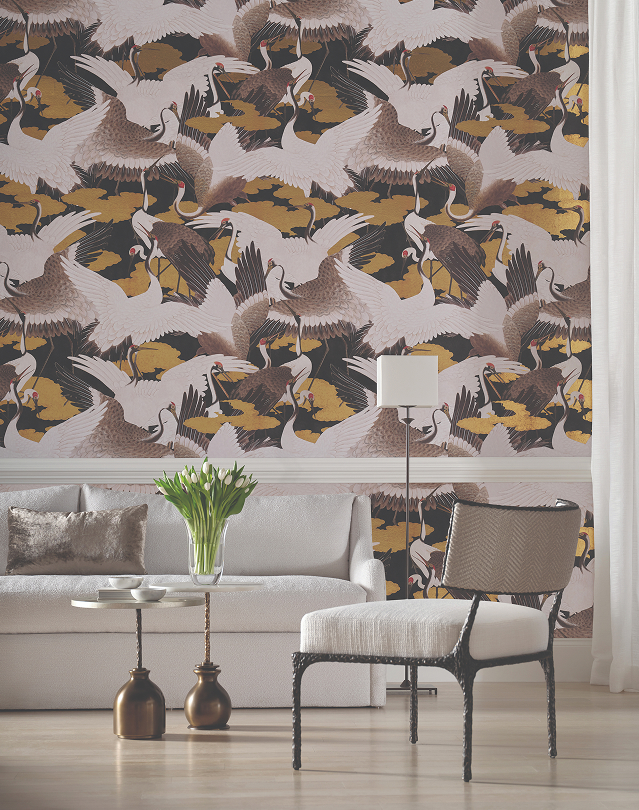 Room with 'Cranes Wallpaper' on walls