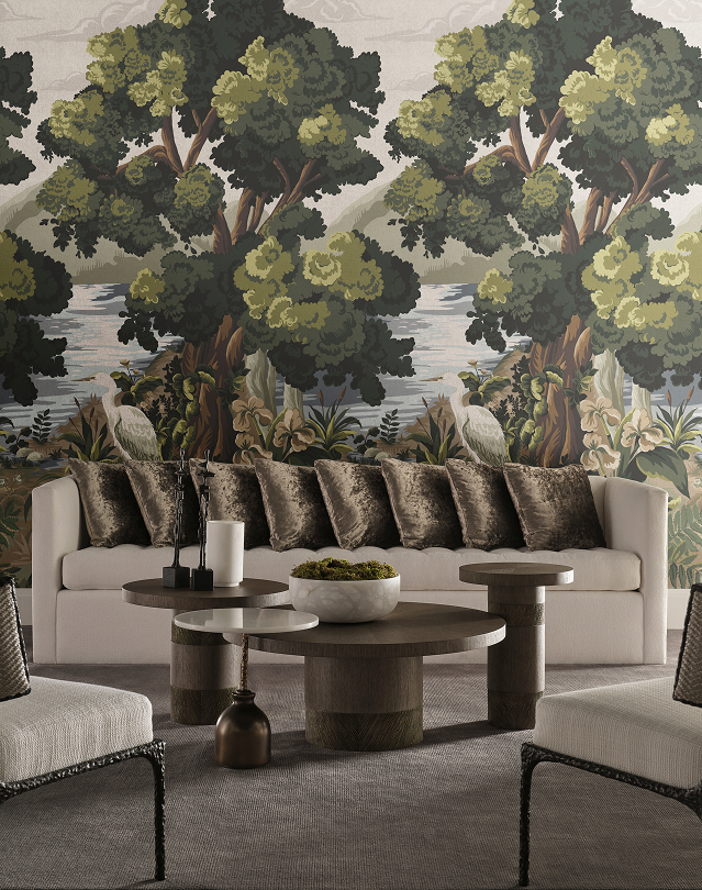 Lounge room with coffee table, couch and 'The Glenn' mural behind