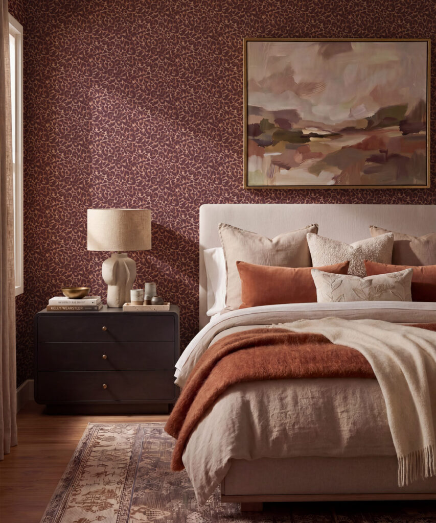 Wildcat Wallpaper - Colourway: Burgundy - Insitu