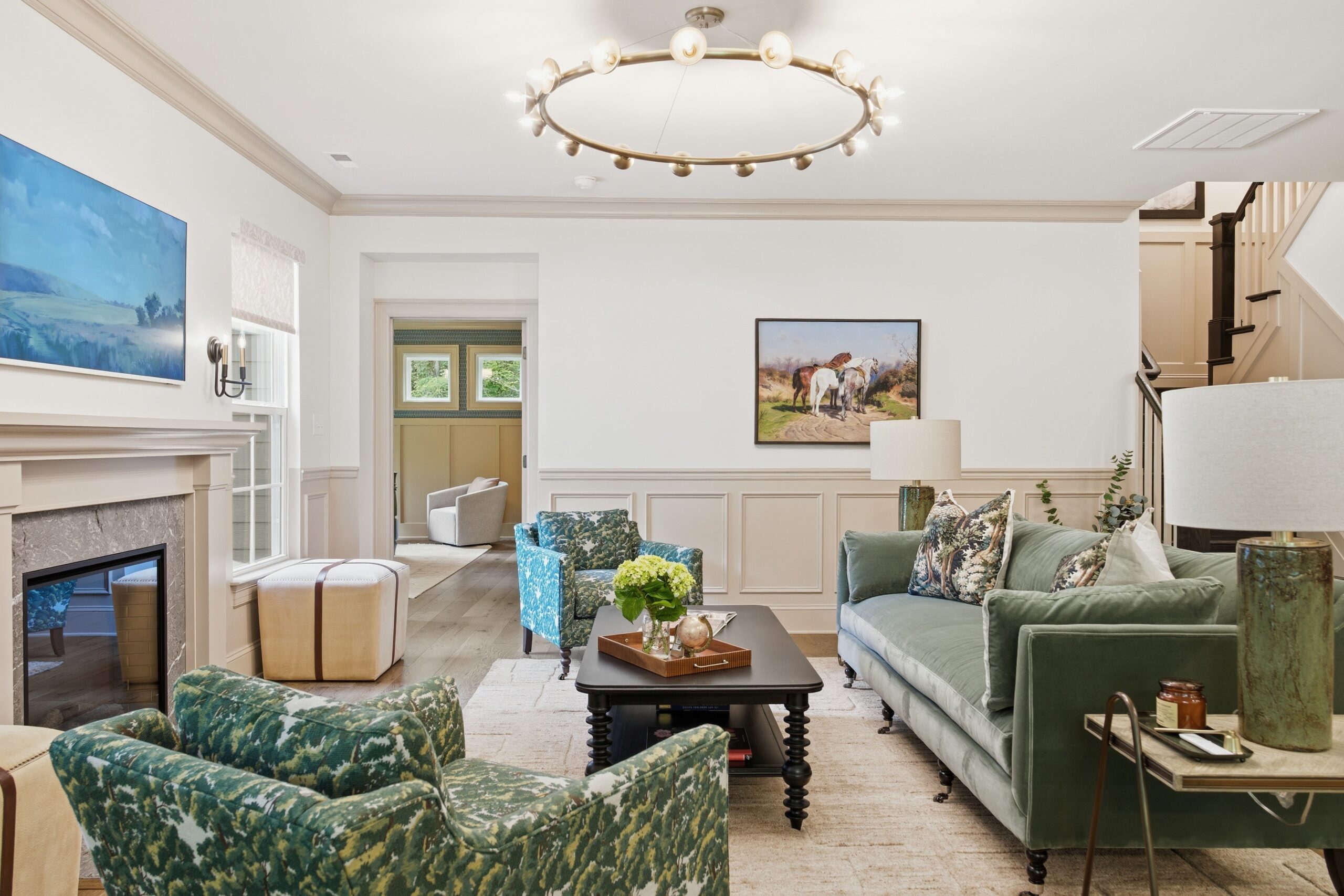 Living Room witth Green Sofa and Green Chairs