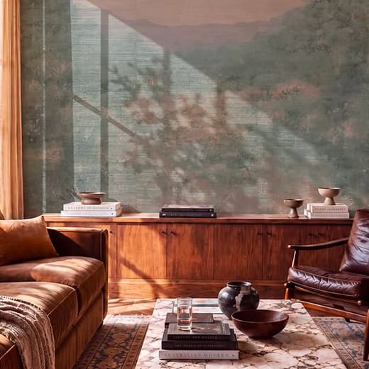 Valewood Grasscloth Mural in Colourway: Eucalyptus from Far Horizons Collection