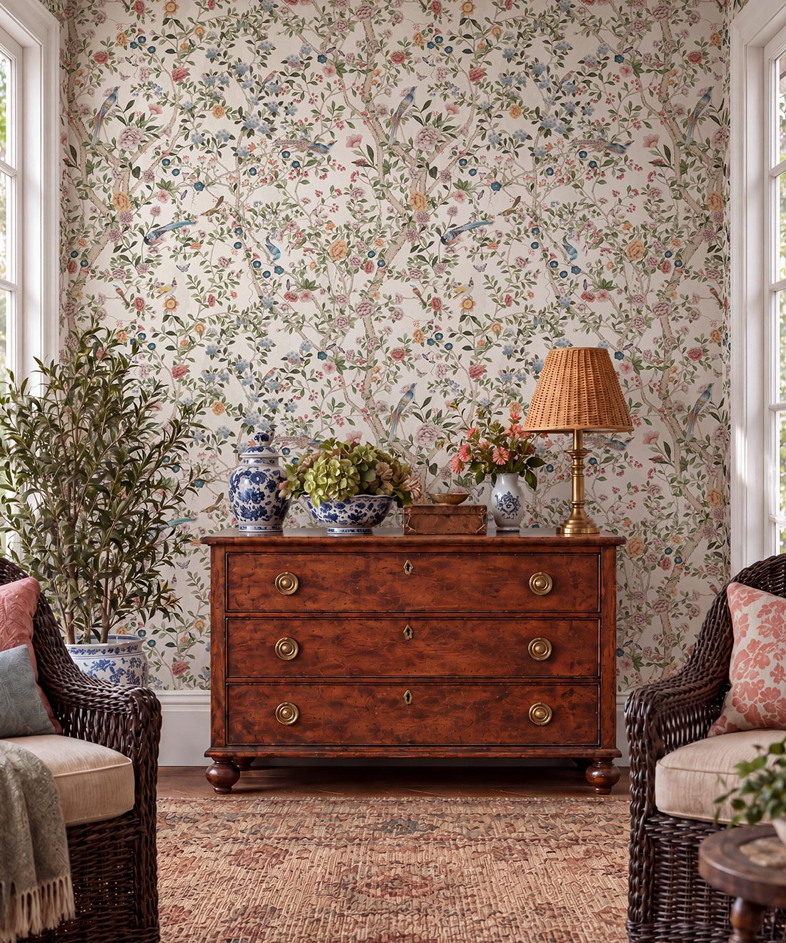 Aviary Garden Wallpaper - Colourway: Rosewood - Insitu