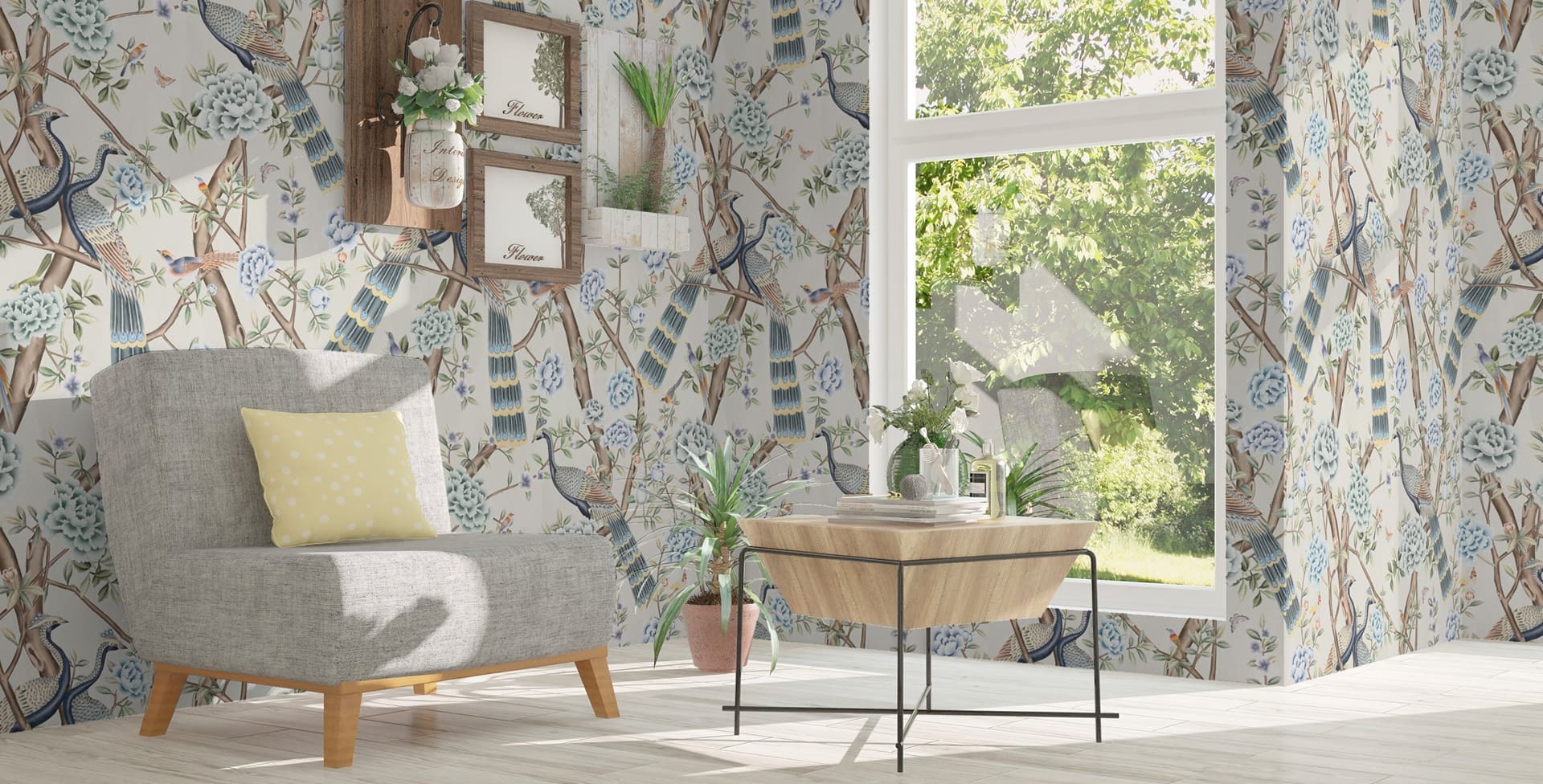 Peacock Pavilion Wallpaper in Colourway: Celadon - Room Visualiser Hero Image